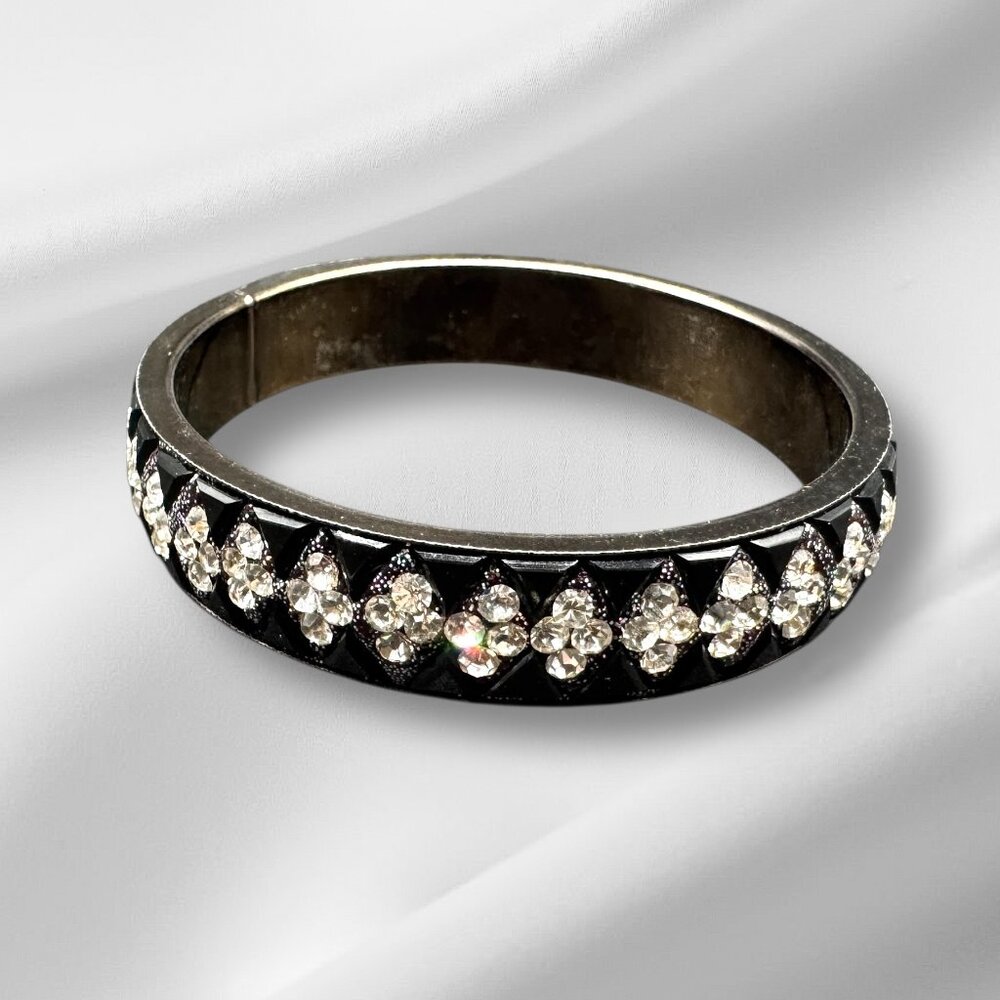Metal Bangle Bracelet Black with Clear Rhinestones